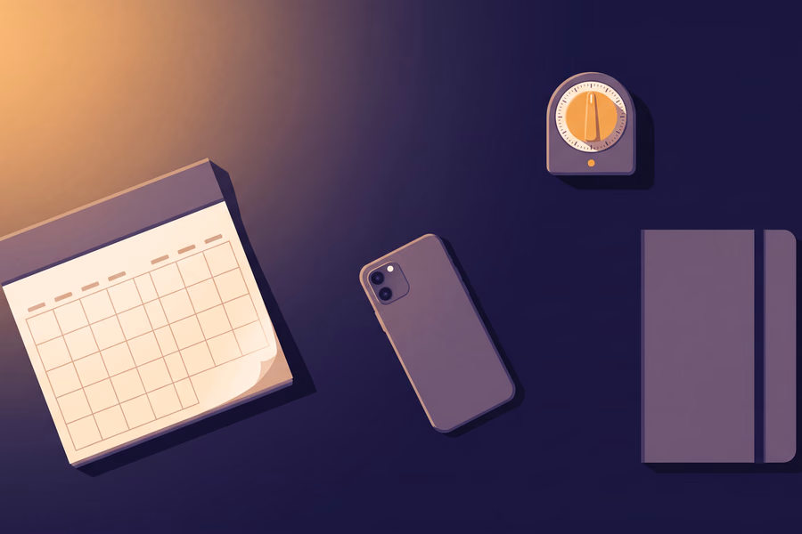 Escritorio visto desde arriba con calendario, celular, timer de cocina y cuaderno ordenados bajo una luz cálida.