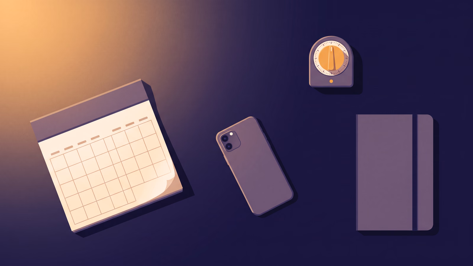 Escritorio visto desde arriba con calendario, celular, timer de cocina y cuaderno ordenados bajo una luz cálida.