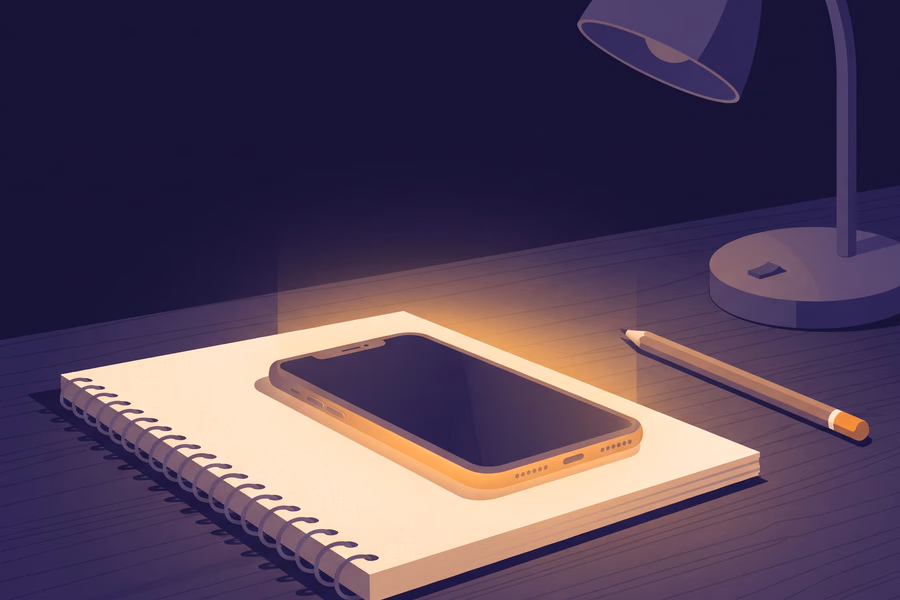 Celular boca abajo sobre un cuaderno abierto, con el brillo de la pantalla escapando por los bordes.