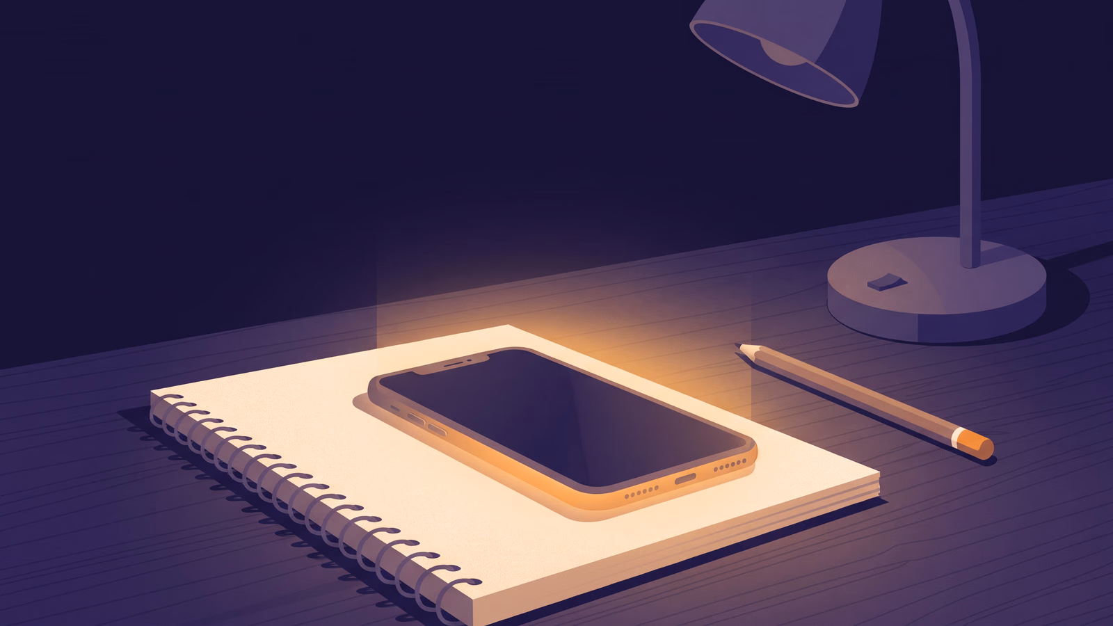 Celular boca abajo sobre un cuaderno abierto, con el brillo de la pantalla escapando por los bordes.