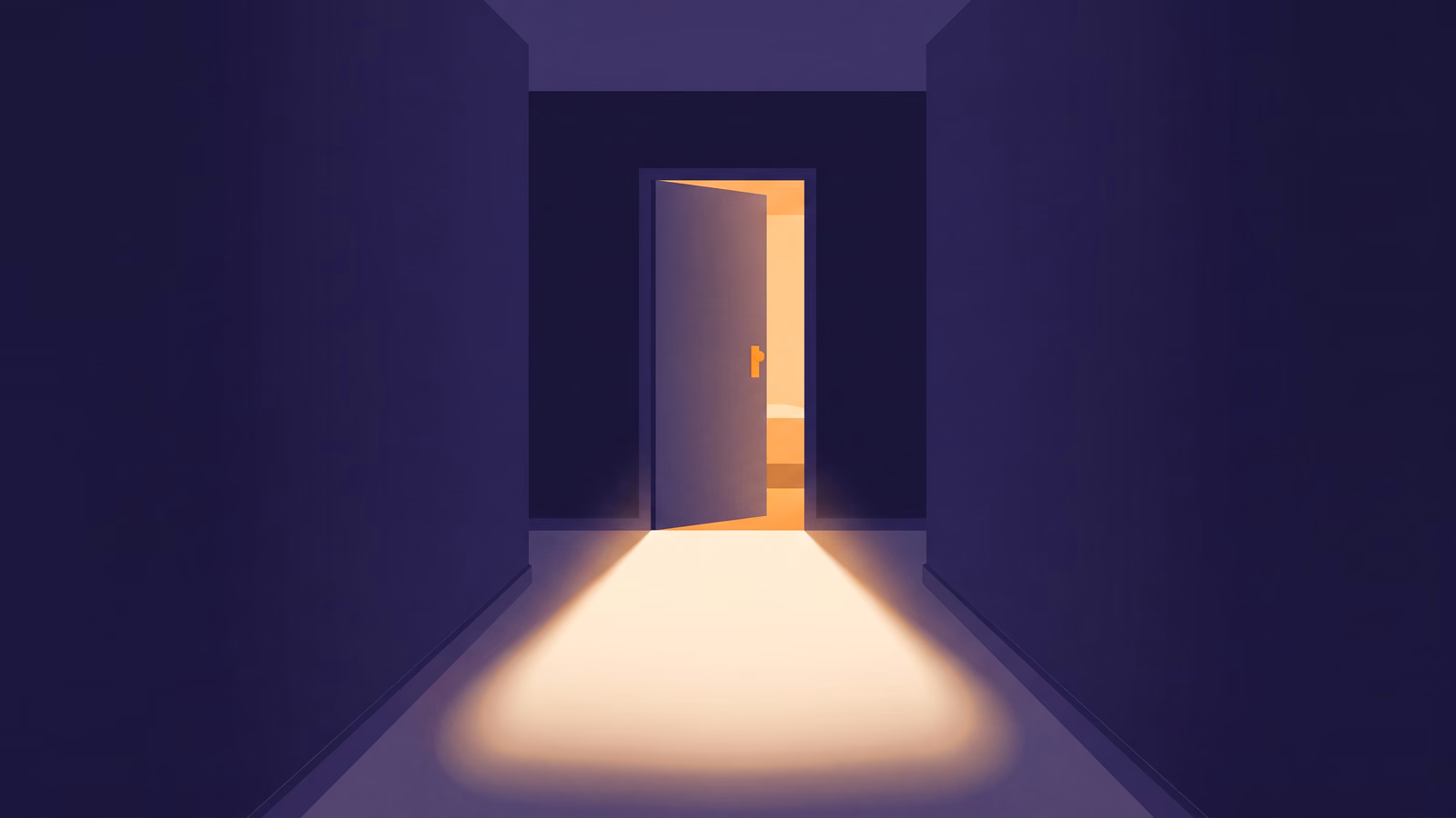 Pasillo oscuro con una puerta entreabierta y luz cálida saliendo por la rendija.
