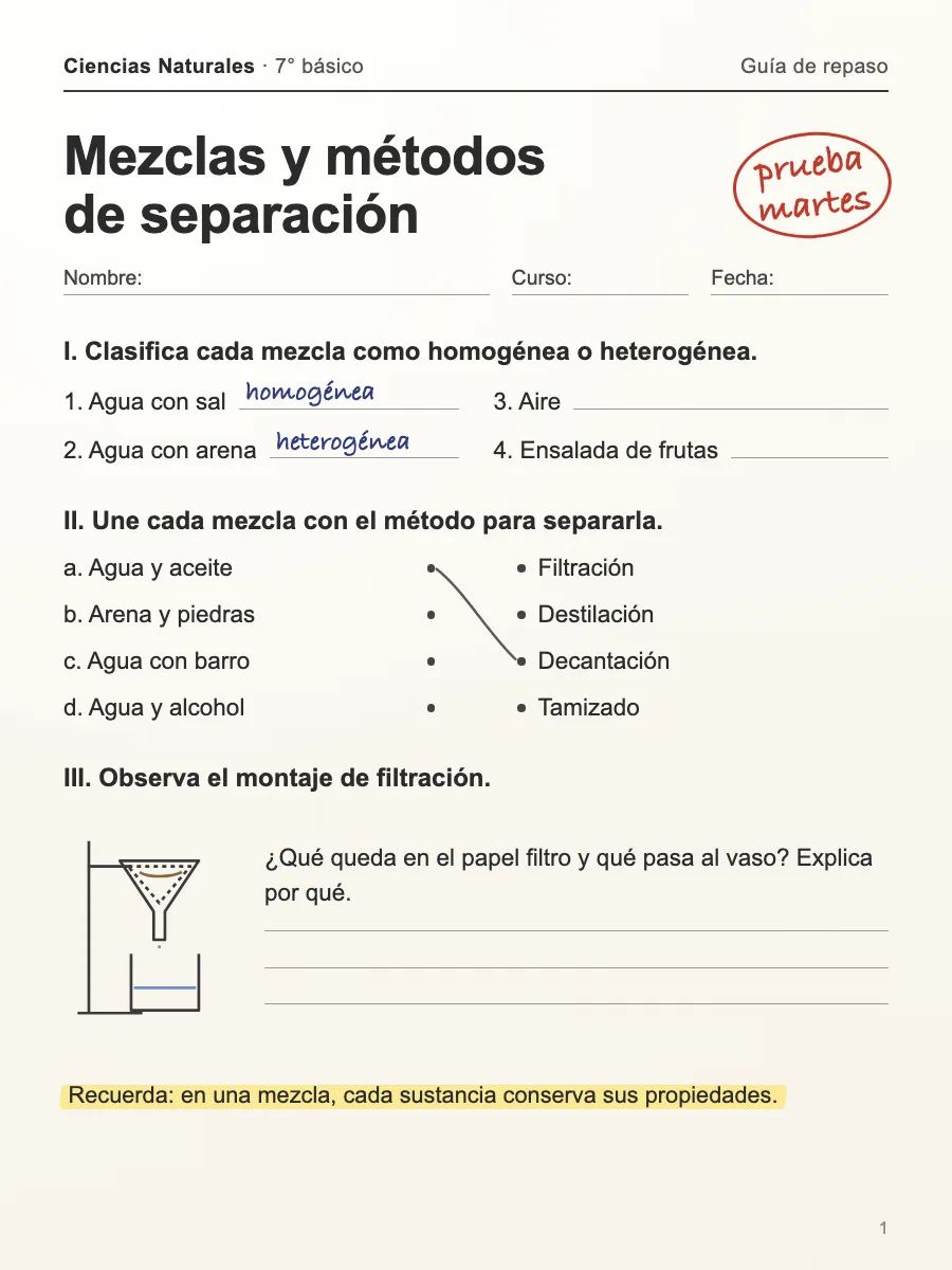 Guía de repaso de Ciencias Naturales de 7° básico sobre mezclas y métodos de separación, con la nota «prueba martes»